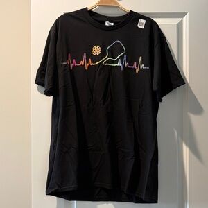 Cool Pickleball Black Tee with Rainbow Ping Pong Heartbeat Graphic, SZ Large